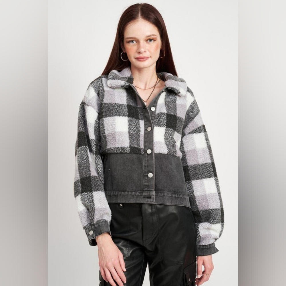 Emory Park Gray Plaid Fleece Denim Button Jacket Women's Size Large NWOT